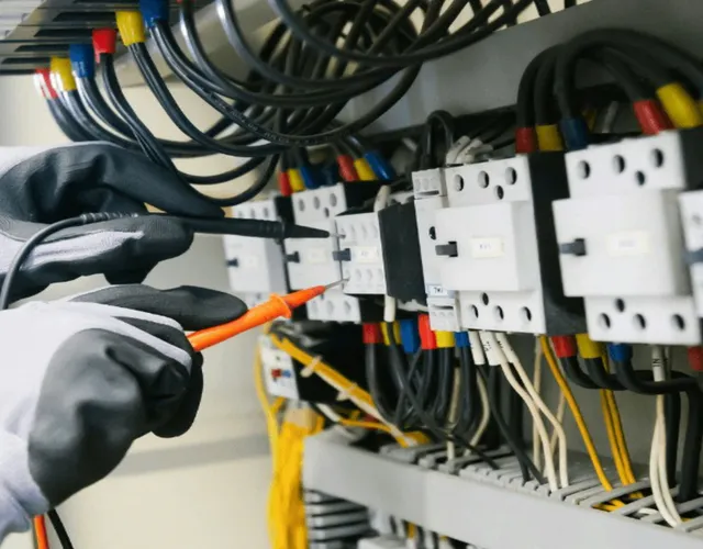 Técnico instalador eléctrico autorizado por la SEC realizando mediciones en tablero general